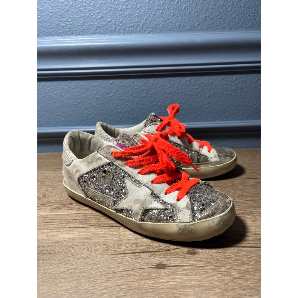 Golden Goose Superstar‎ Glitter Star Sneakers Women Orange Laces Leather Sz 35